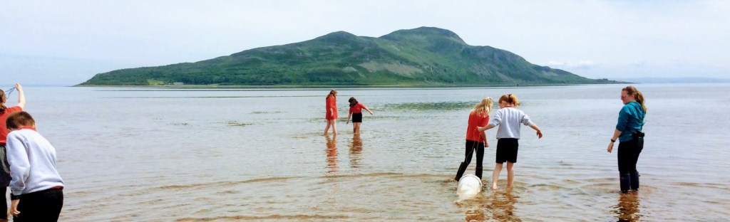 Primary school pupils working on the coast, with Holy Isle in the background